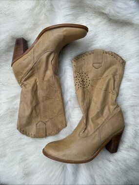 Vintage Fun Street Slouchy Mid-Calf Tan Leather Heeled Western Boots 👢